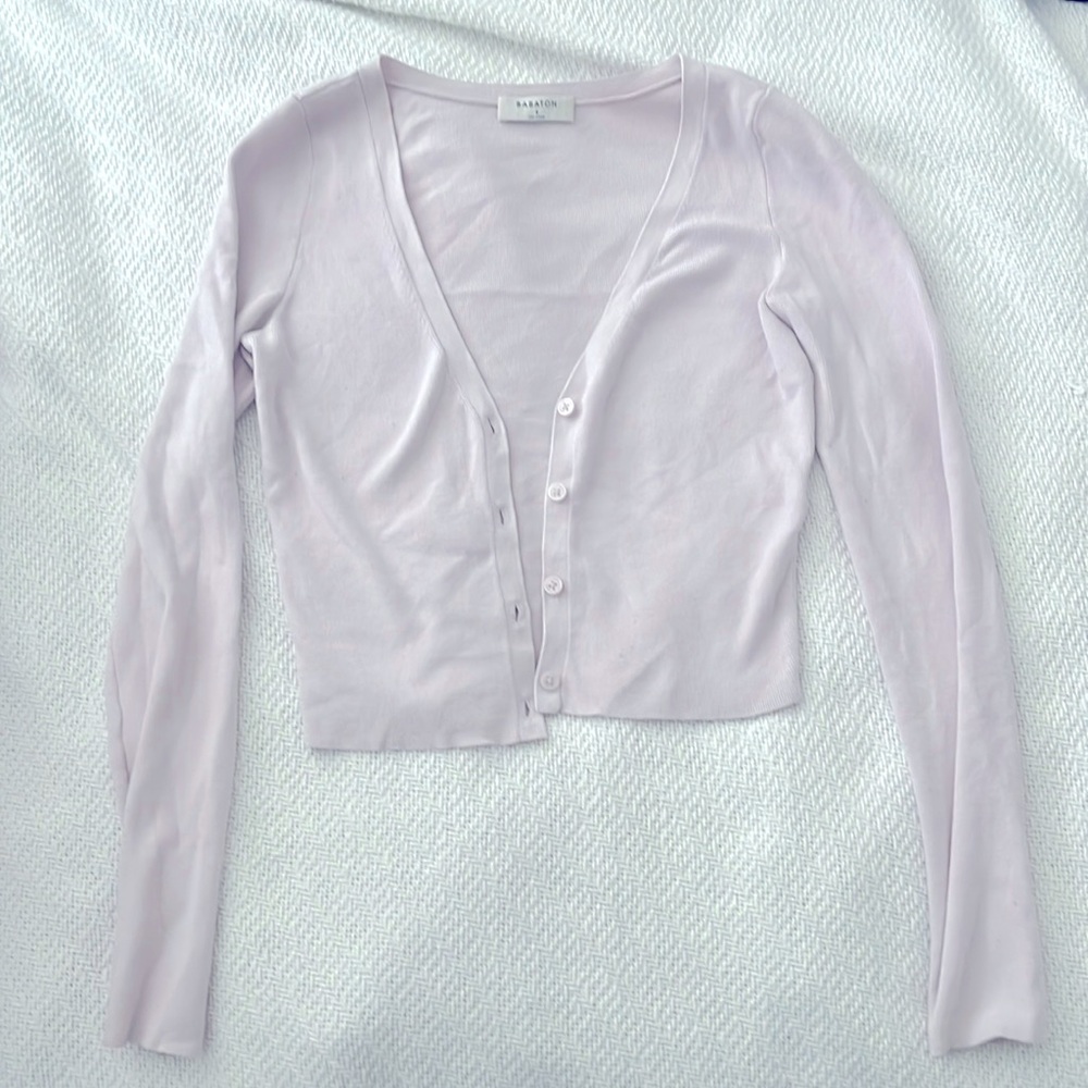 Aritzia babaton light purple pink button down sweater top